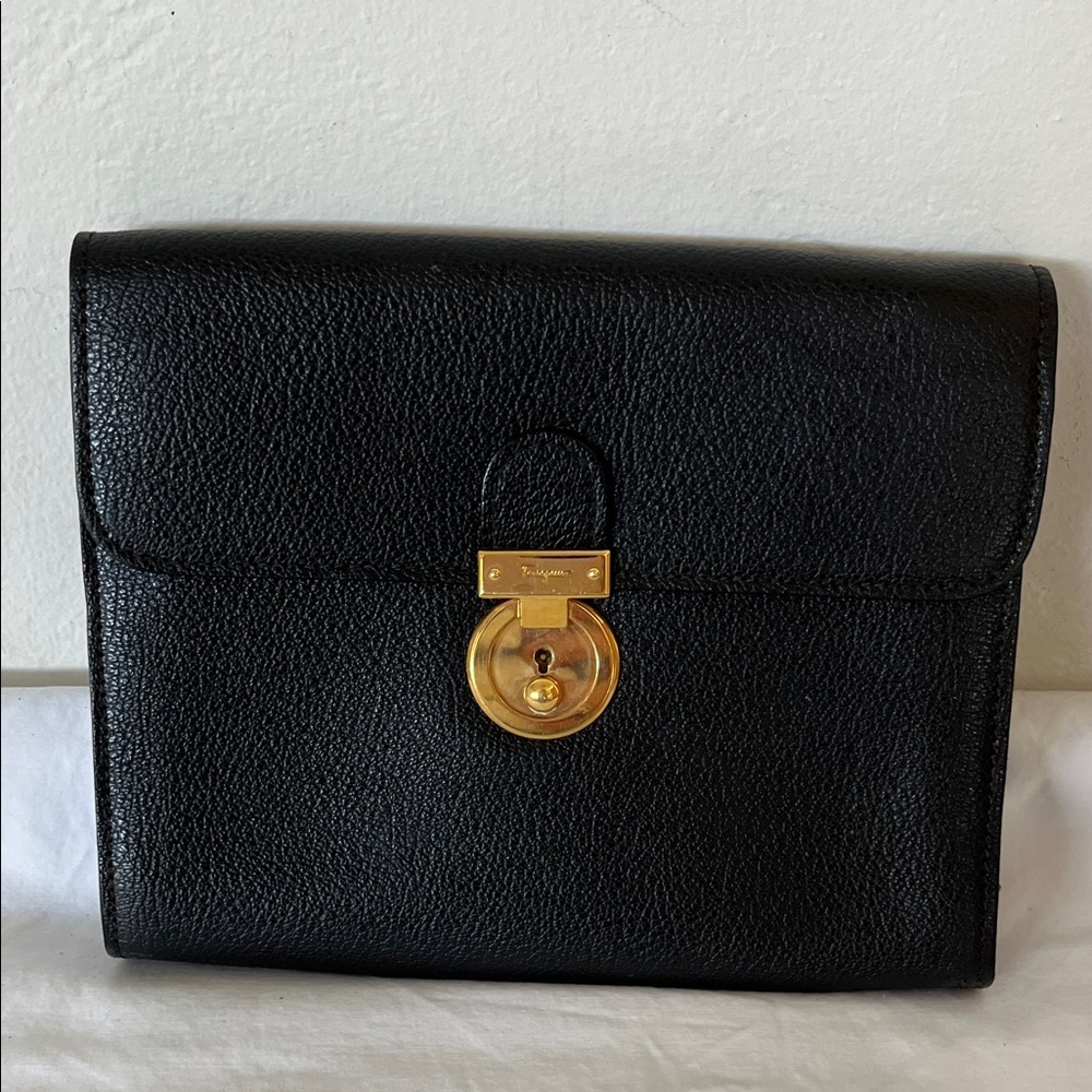 Ferragamo Vintage Black Leather Locking Portfolio/Wristlet Unisex